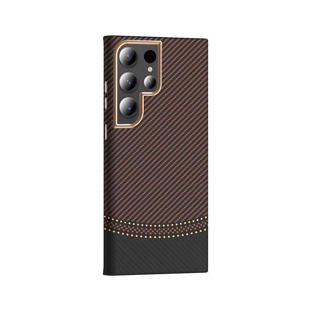 Galaxy S24 Ultra Kılıf M-safe Şarj Özellikli Karbon Fiber Görünümlü Zore Gros Kapak Gold-Siyah