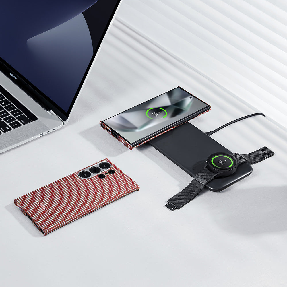 Galaxy S24 Ultra Kılıf Magsafe Şarj Özellikli 1500D Aramid Fiber Pitaka Ultra-Slim Classic Serisi Bonfire Kapak Kırmızı
