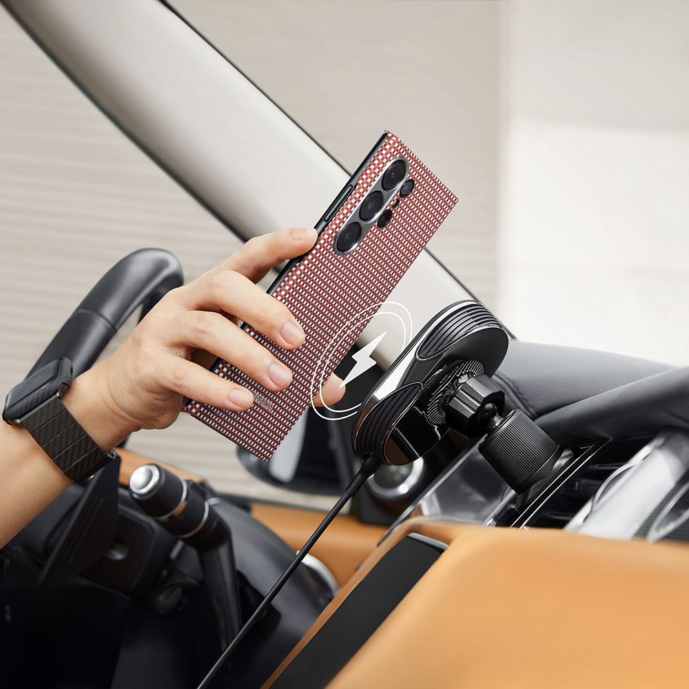 Galaxy S24 Ultra Kılıf Magsafe Şarj Özellikli 1500D Aramid Fiber Pitaka Ultra-Slim Classic Serisi Bonfire Kapak Kırmızı