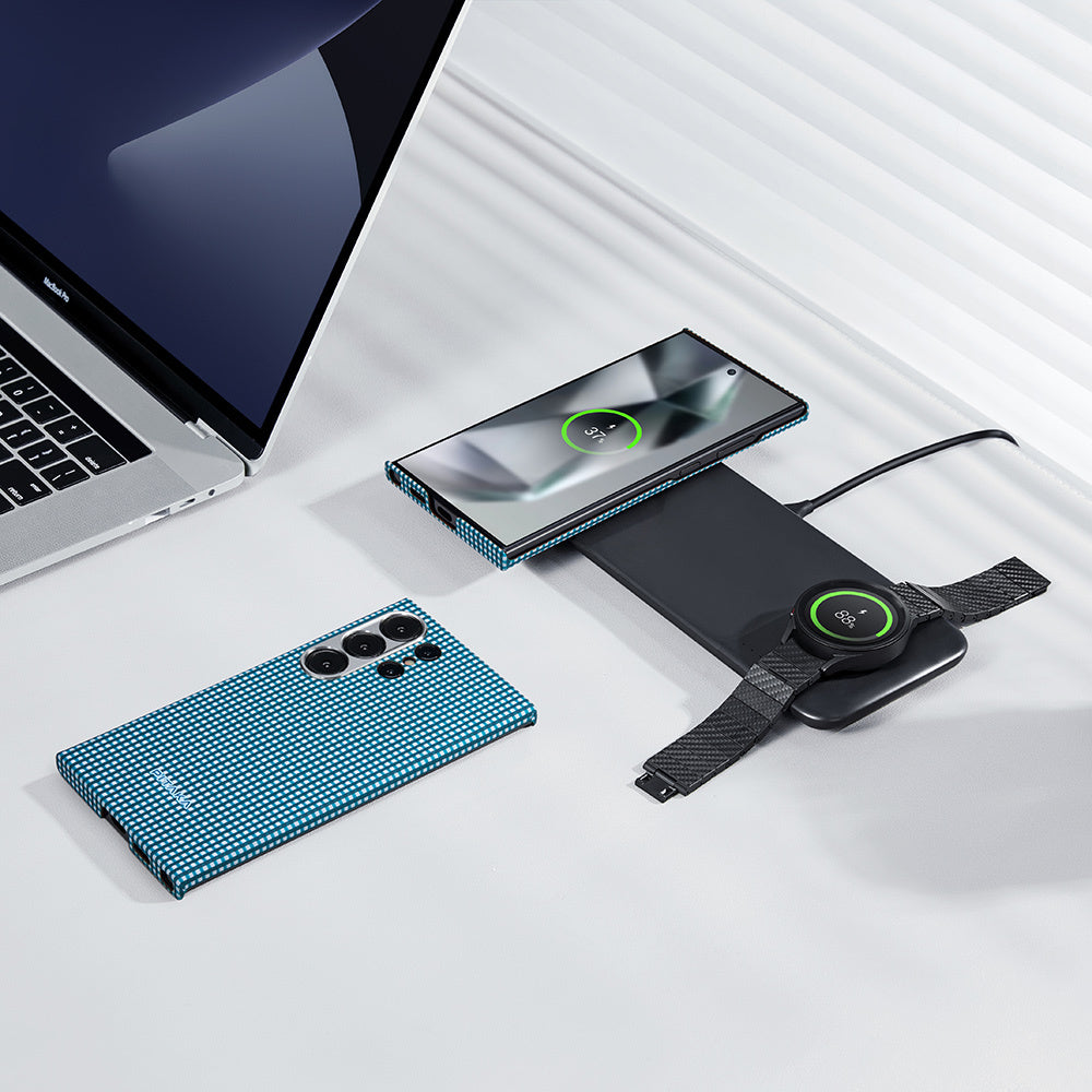 Galaxy S24 Ultra Kılıf Magsafe Şarj Özellikli 1500D Aramid Fiber Pitaka Ultra-Slim Classic Serisi Ice Sea Kapak Mavi