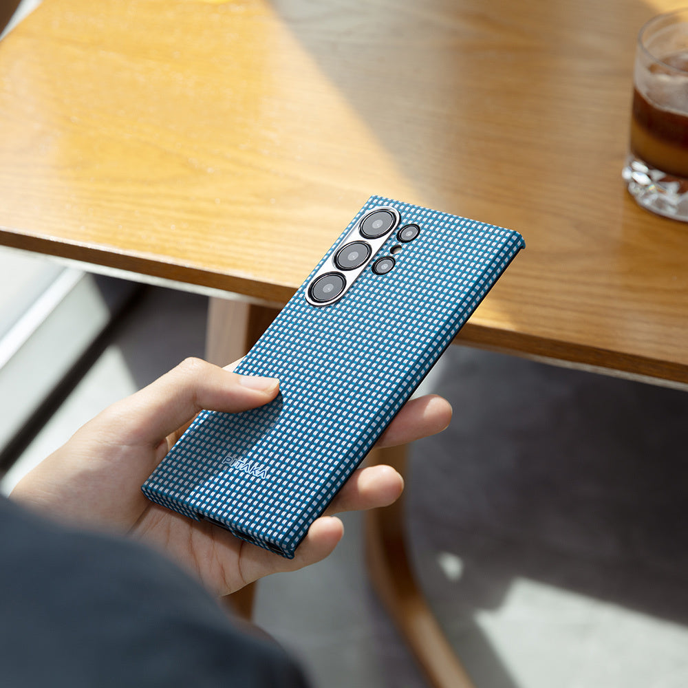 Galaxy S24 Ultra Kılıf Magsafe Şarj Özellikli 1500D Aramid Fiber Pitaka Ultra-Slim Classic Serisi Ice Sea Kapak Mavi