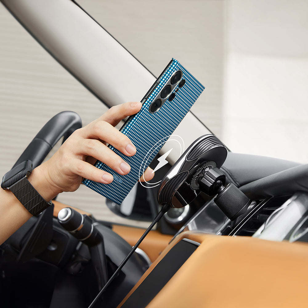 Galaxy S24 Ultra Kılıf Magsafe Şarj Özellikli 1500D Aramid Fiber Pitaka Ultra-Slim Classic Serisi Ice Sea Kapak Mavi