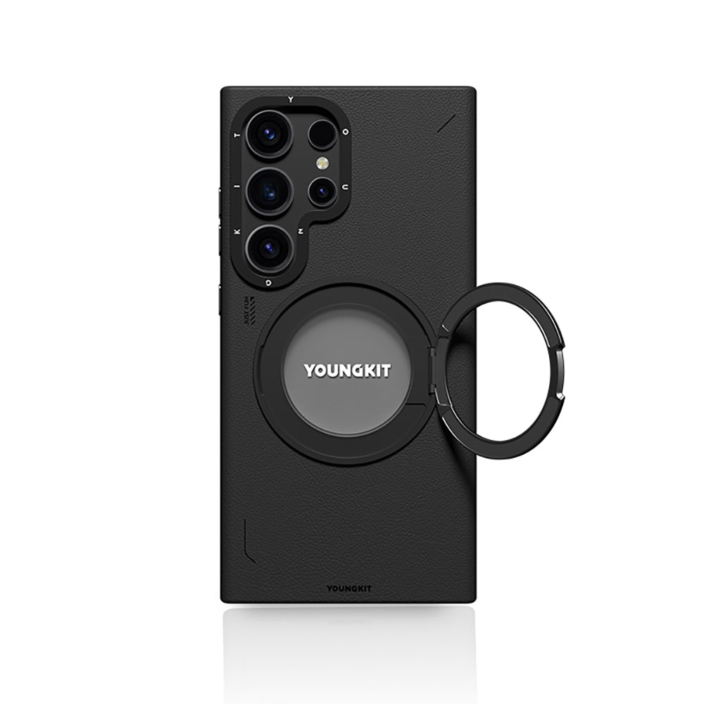 Galaxy S24 Ultra Kılıf M-safe Şarj Özellikli 360° Standlı Basit Mat Deri Desenli Youngkit Tech Leather Serisi Kapak Siyah