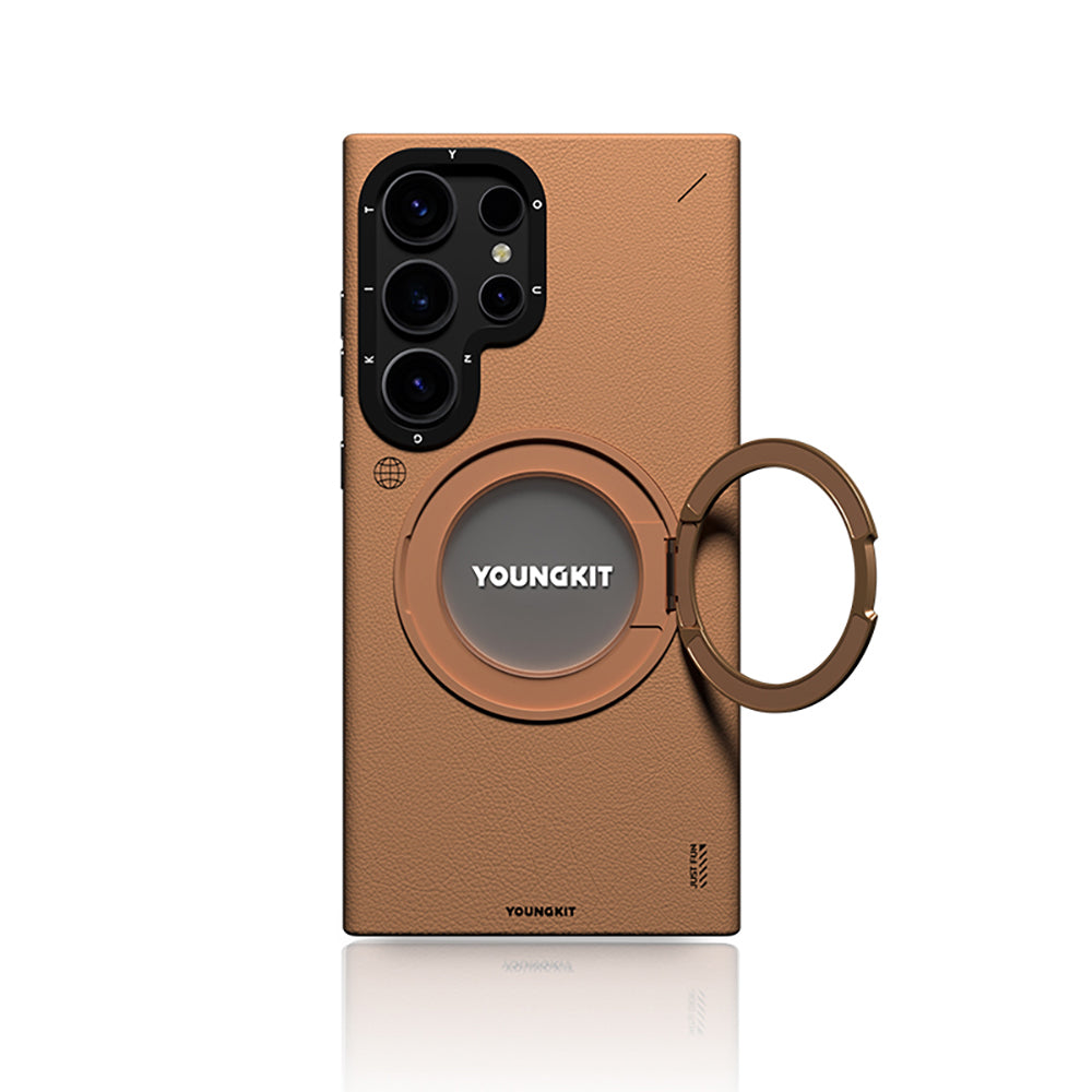 Galaxy S24 Ultra Kılıf M-safe Şarj Özellikli 360° Standlı Basit Mat Deri Desenli Youngkit Tech Leather Serisi Kapak Kahverengi