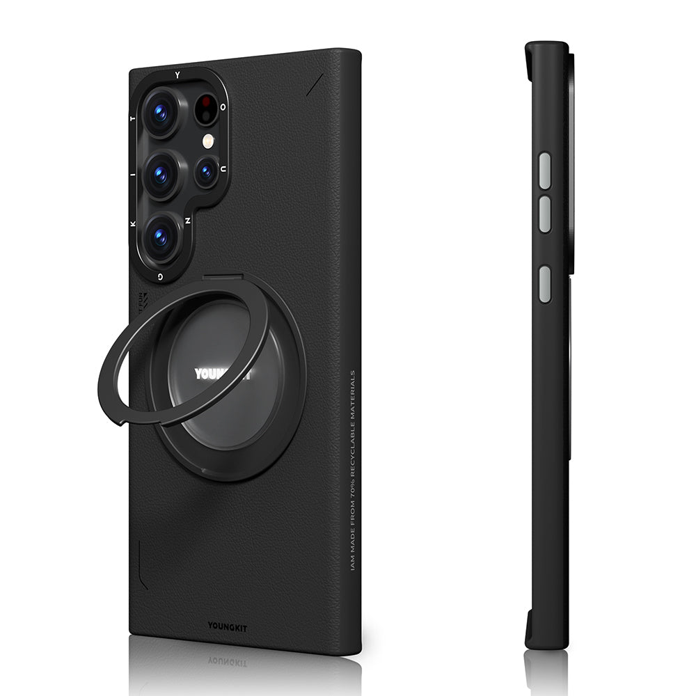 Galaxy S24 Ultra Kılıf M-safe Şarj Özellikli 360° Standlı Basit Mat Deri Desenli Youngkit Tech Leather Serisi Kapak Siyah