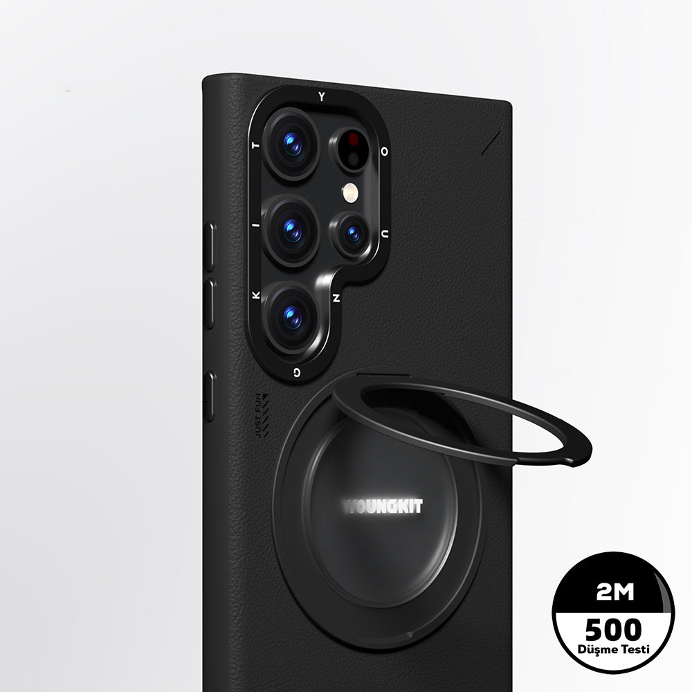 Galaxy S24 Ultra Kılıf M-safe Şarj Özellikli 360° Standlı Basit Mat Deri Desenli Youngkit Tech Leather Serisi Kapak Siyah