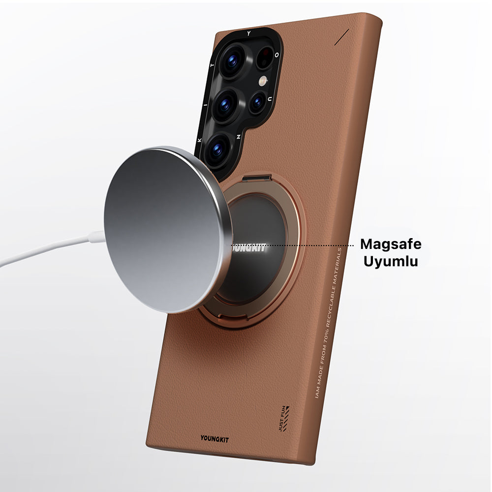 Galaxy S24 Ultra Kılıf M-safe Şarj Özellikli 360° Standlı Basit Mat Deri Desenli Youngkit Tech Leather Serisi Kapak Siyah