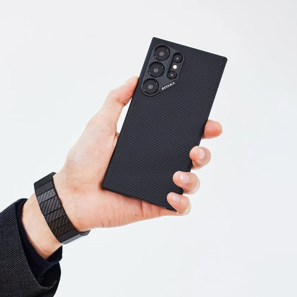 Galaxy S24 Ultra Kılıf Magsafe Şarj Özellikli 600D Aramid Fiber Pitaka Ultra-Slim Classic Serisi Black-Grey Twill Kapak Siyah