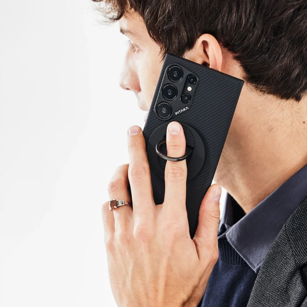 Galaxy S24 Ultra Kılıf Magsafe Şarj Özellikli 600D Aramid Fiber Pitaka Ultra-Slim Classic Serisi Black-Grey Twill Kapak Siyah