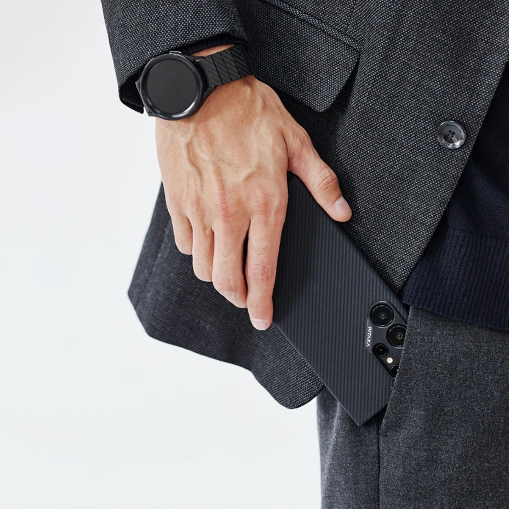 Galaxy S24 Ultra Kılıf Magsafe Şarj Özellikli 600D Aramid Fiber Pitaka Ultra-Slim Classic Serisi Black-Grey Twill Kapak Siyah