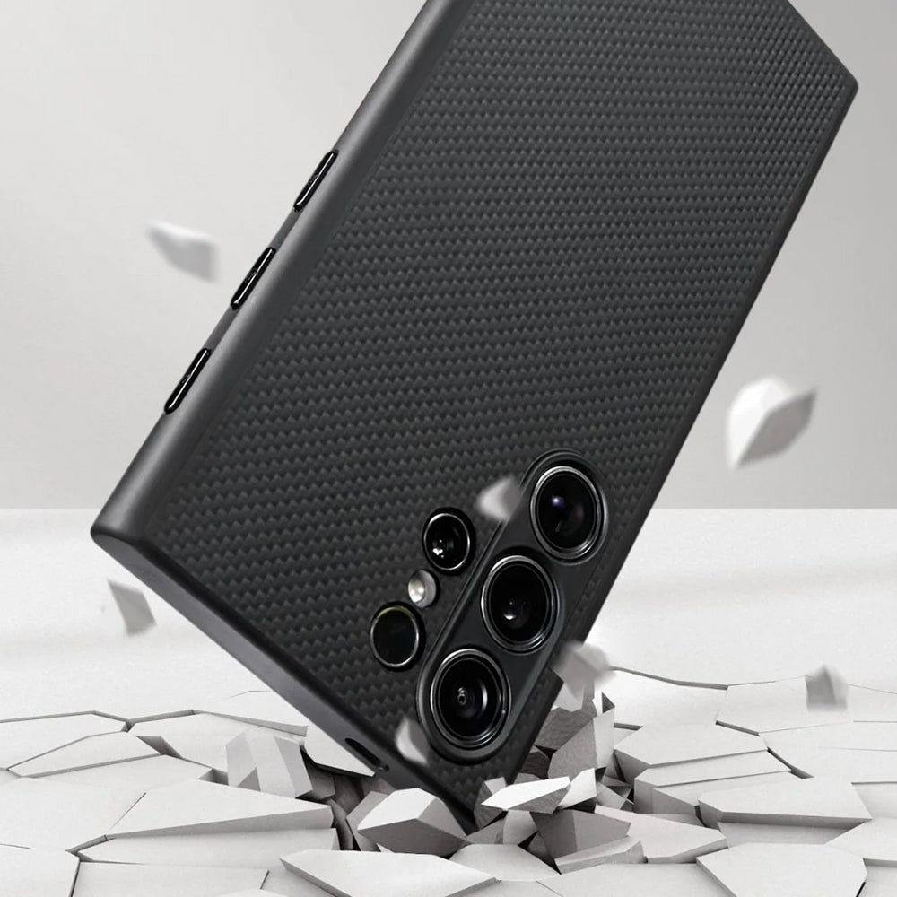 Galaxy S24 Ultra Kılıf Magsafe Şarj Özellikli Aramid Fiber 3 Fonksiyon Butonlu Pitaka PinButton Serisi Kapak Siyah-Gri