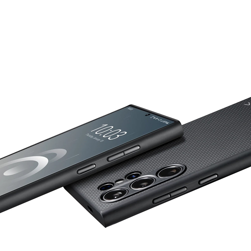 Galaxy S24 Ultra Kılıf Magsafe Şarj Özellikli Aramid Fiber 3 Fonksiyon Butonlu Pitaka PinButton Serisi Kapak Siyah-Gri