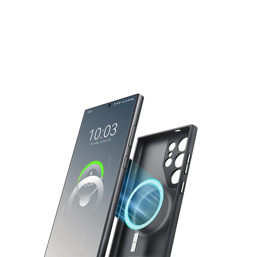 Galaxy S24 Ultra Kılıf Magsafe Şarj Özellikli Aramid Fiber 3 Fonksiyon Butonlu Pitaka PinButton Serisi Kapak Siyah-Gri