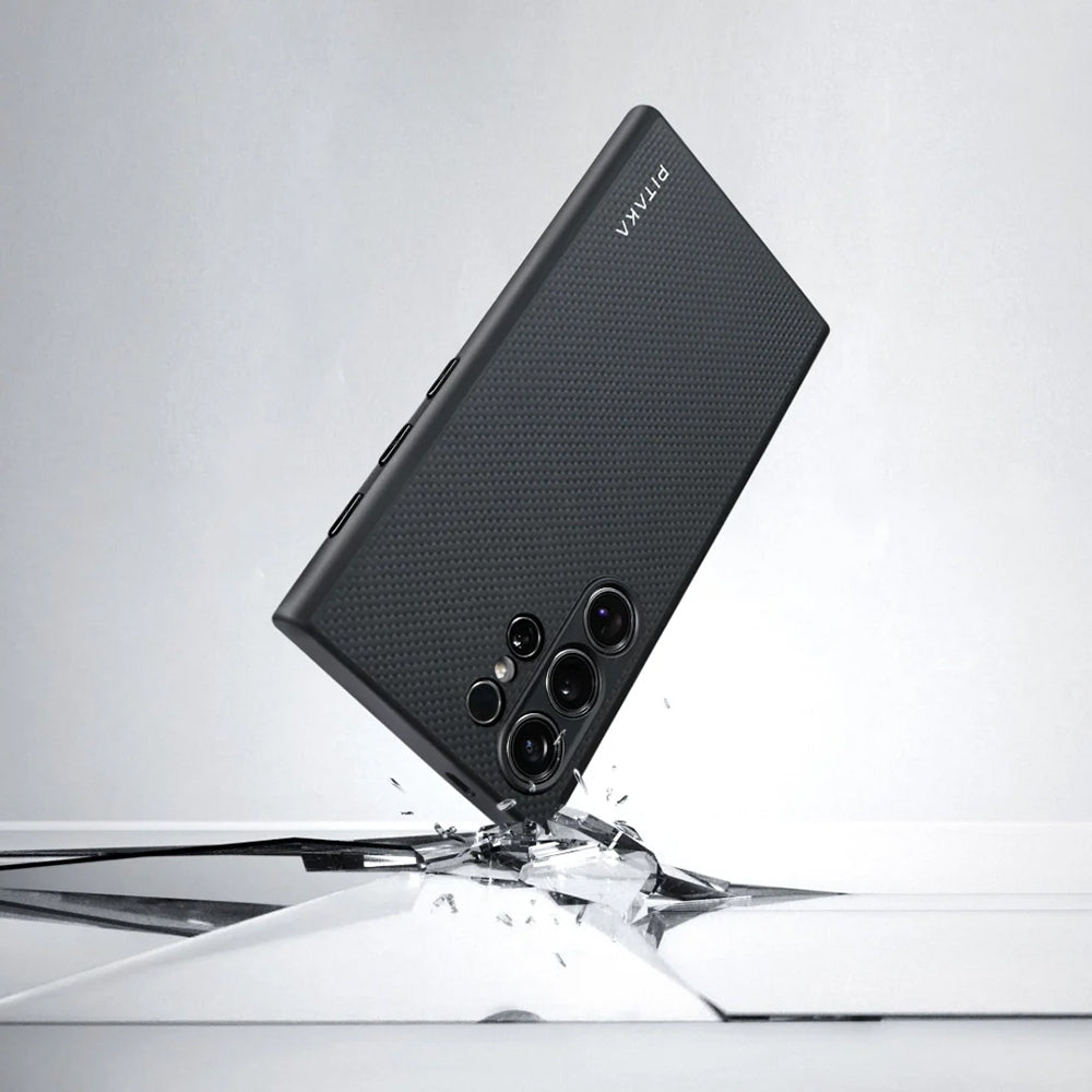 Galaxy S24 Ultra Kılıf Magsafe Şarj Özellikli Aramid Fiber 3 Fonksiyon Butonlu Pitaka PinButton Serisi Kapak Siyah-Gri