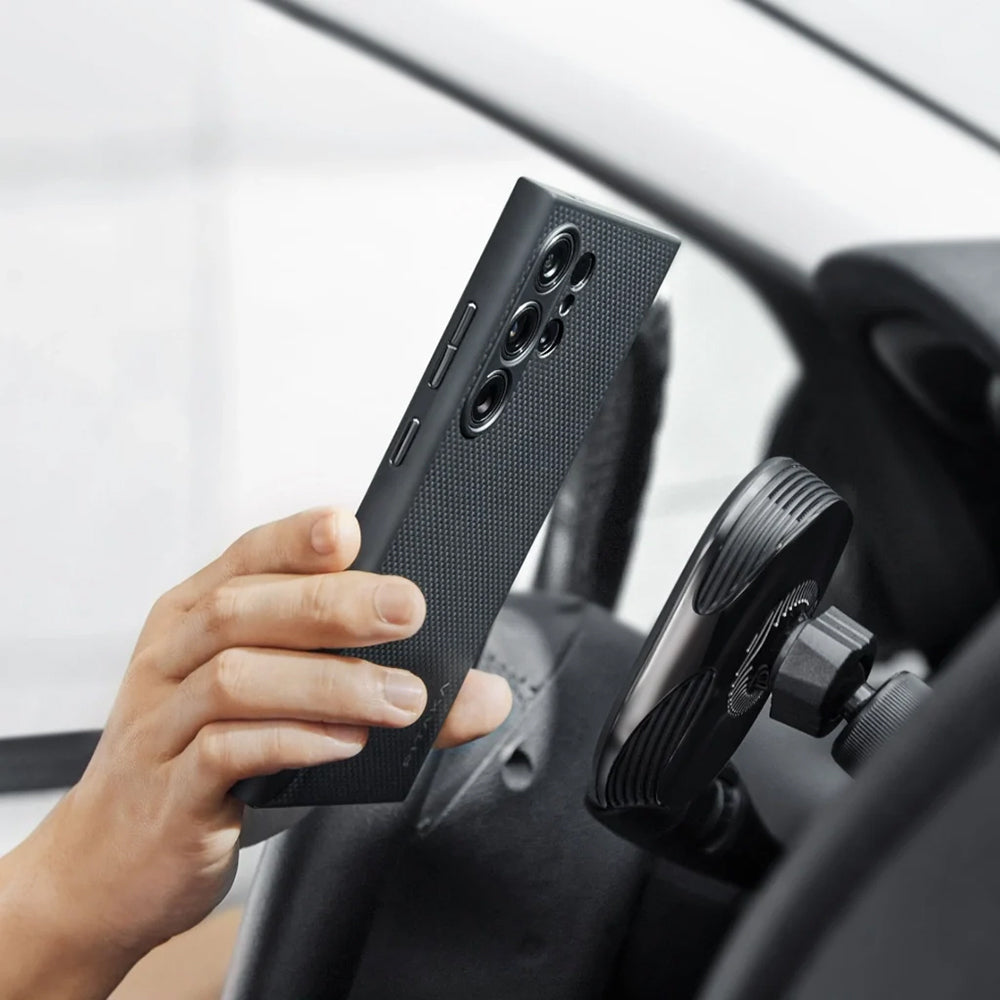 Galaxy S24 Ultra Kılıf Magsafe Şarj Özellikli Aramid Fiber 3 Fonksiyon Butonlu Pitaka PinButton Serisi Kapak Siyah-Gri