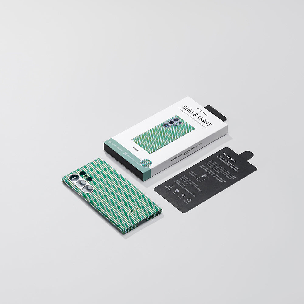 Galaxy S24 Ultra Kılıf Magsafe Şarj Özellikli 1500D Aramid Fiber Pitaka Ultra-Slim Classic Serisi Aomori Kapak Yeşil