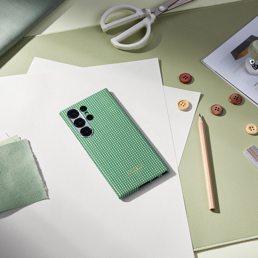 Galaxy S24 Ultra Kılıf Magsafe Şarj Özellikli 1500D Aramid Fiber Pitaka Ultra-Slim Classic Serisi Aomori Kapak Yeşil