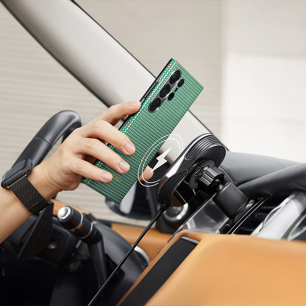 Galaxy S24 Ultra Kılıf Magsafe Şarj Özellikli 1500D Aramid Fiber Pitaka Ultra-Slim Classic Serisi Aomori Kapak Yeşil