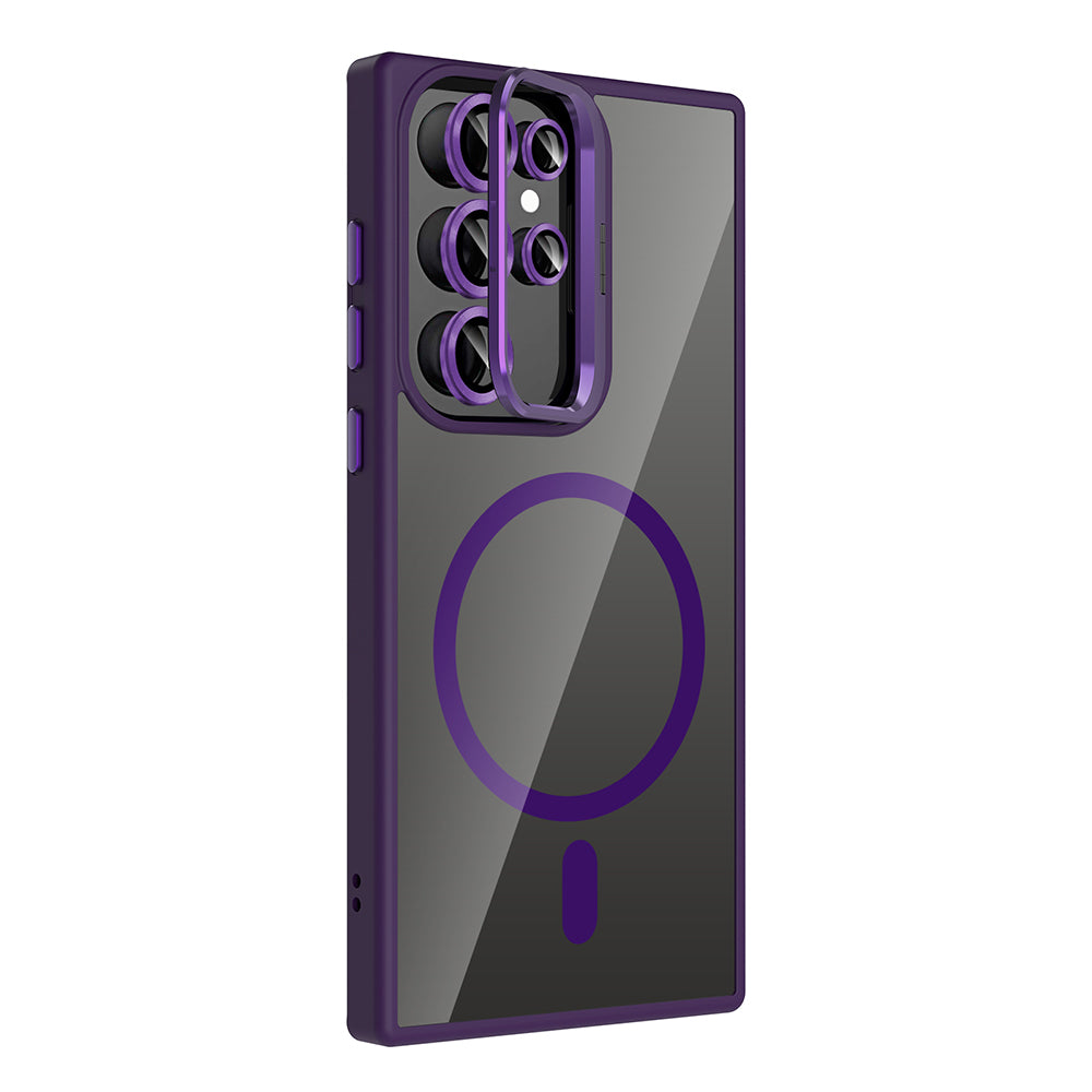 Galaxy S24 Ultra Kılıf Standlı ve Kamera Lens Hediyeli M-Safe Şarj Özellikli Zore Etro Kapak Lacivert