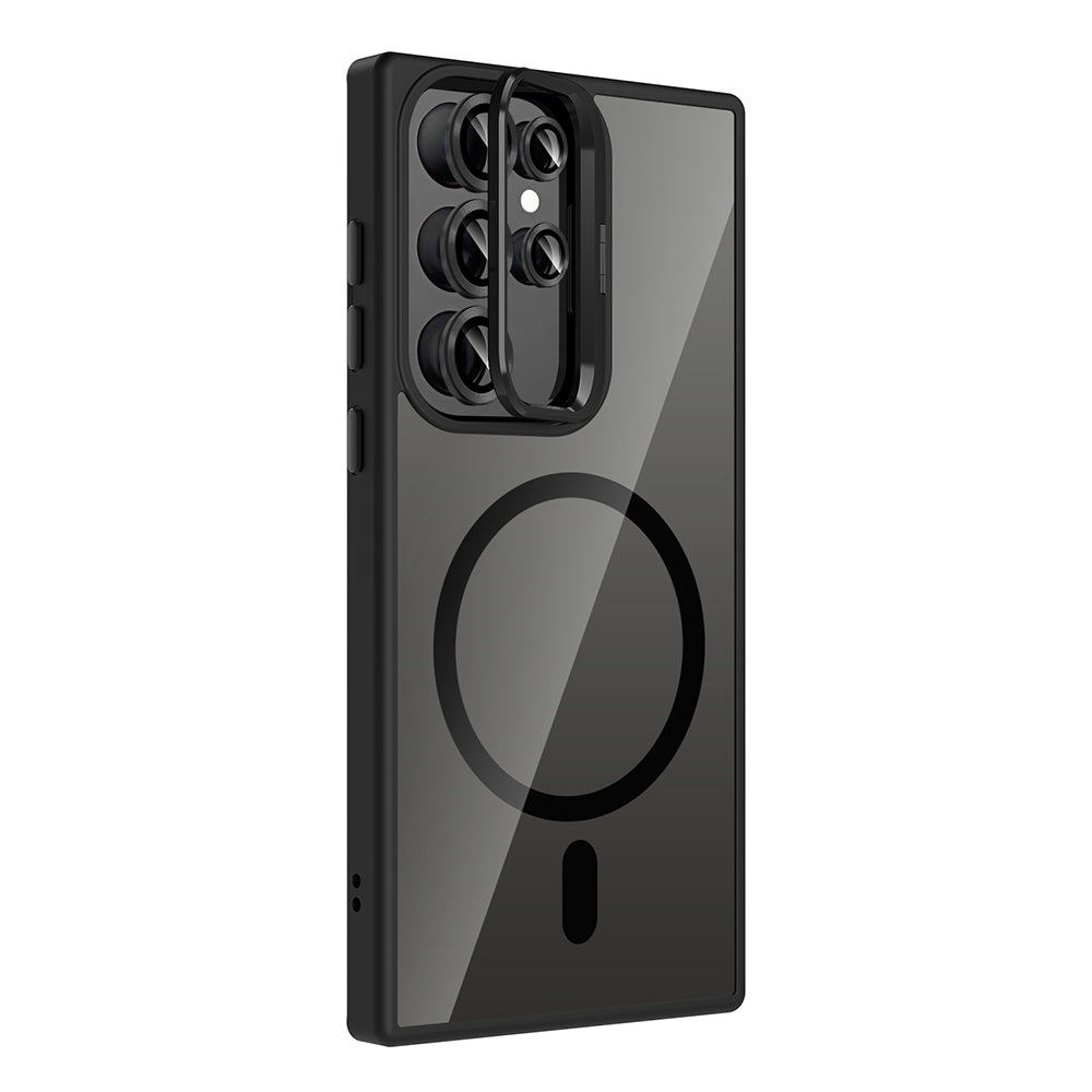 Galaxy S24 Ultra Kılıf Standlı ve Kamera Lens Hediyeli M-Safe Şarj Özellikli Zore Etro Kapak Lacivert