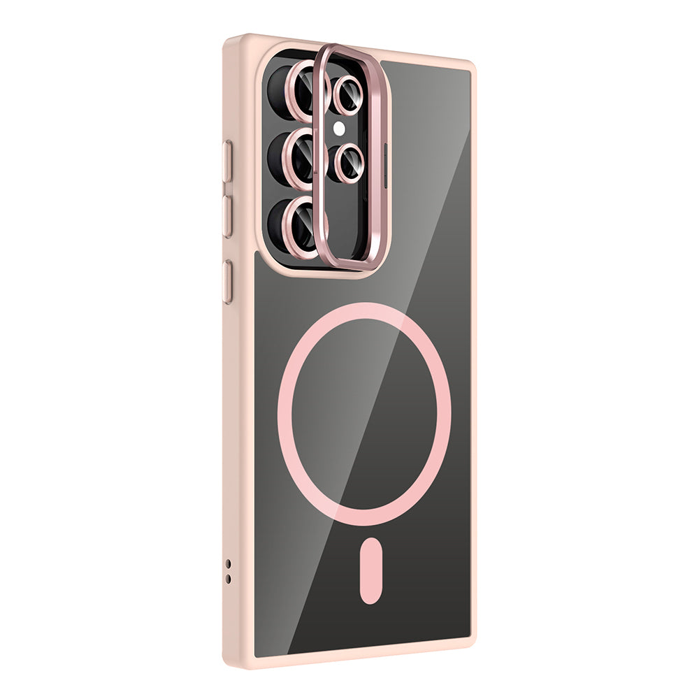 Galaxy S24 Ultra Kılıf Standlı ve Kamera Lens Hediyeli M-Safe Şarj Özellikli Zore Etro Kapak Desert Titanyum