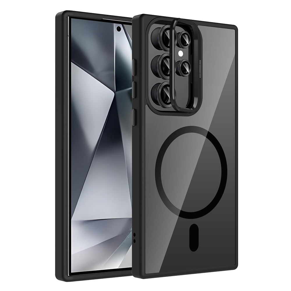 Galaxy S24 Ultra Kılıf Standlı ve Kamera Lens Hediyeli M-Safe Şarj Özellikli Zore Etro Kapak Siyah