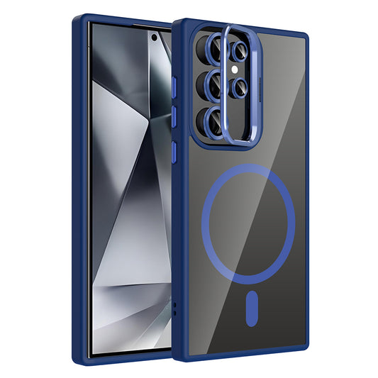 Galaxy S24 Ultra Kılıf Standlı ve Kamera Lens Hediyeli M-Safe Şarj Özellikli Zore Etro Kapak Lacivert