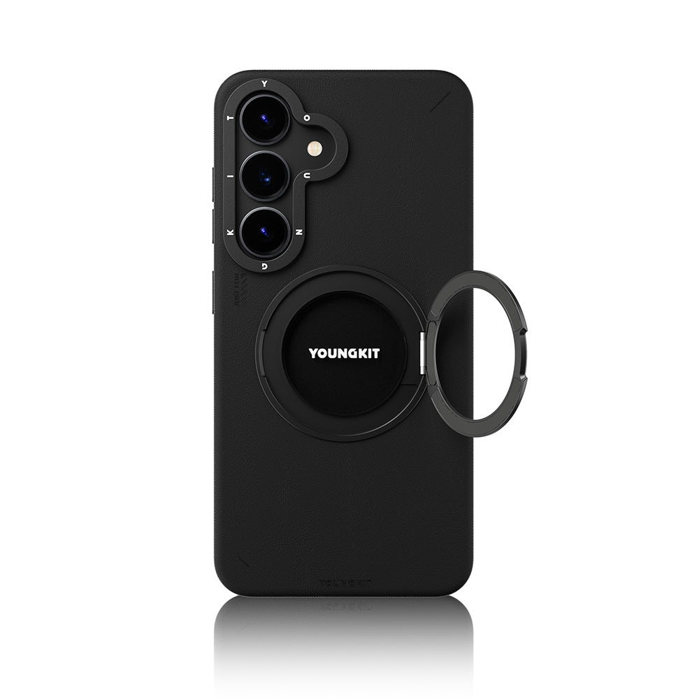 Galaxy S25 Kılıf M-safe Şarj Özellikli 360° Standlı Basit Mat Deri Desenli Youngkit Tech Leather Serisi Kapak Kahverengi