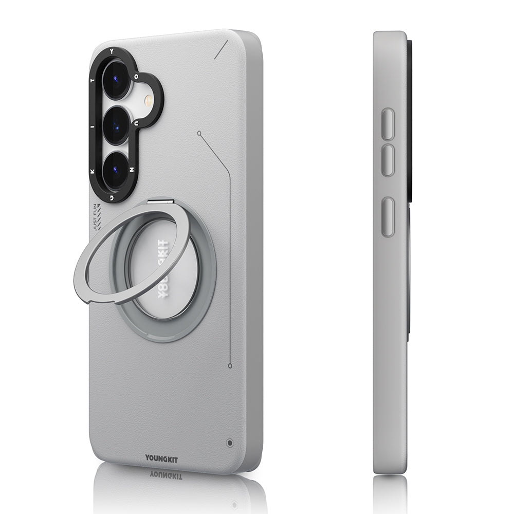 Galaxy S25 Kılıf M-safe Şarj Özellikli 360° Standlı Basit Mat Deri Desenli Youngkit Tech Leather Serisi Kapak Kahverengi