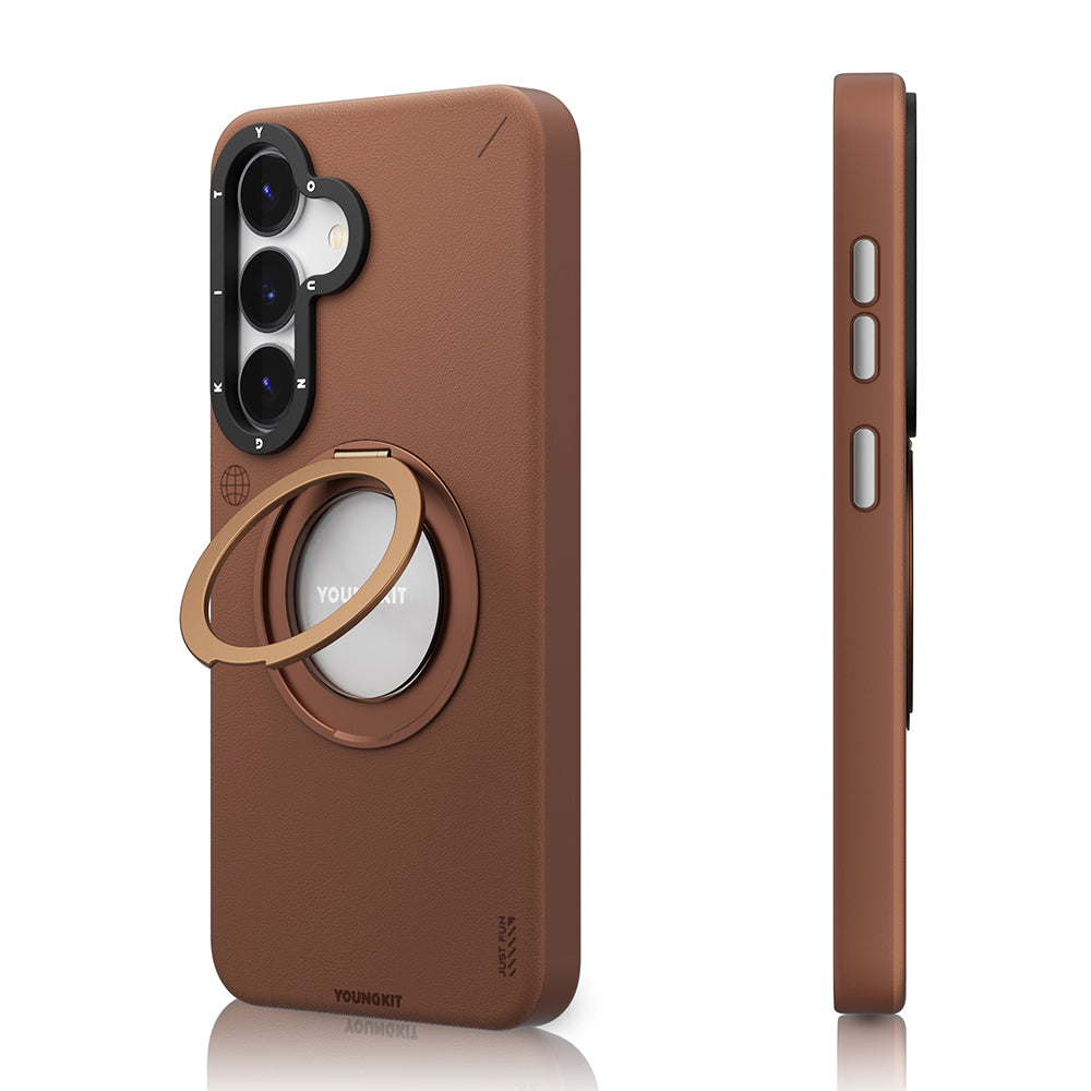 Galaxy S25 Kılıf M-safe Şarj Özellikli 360° Standlı Basit Mat Deri Desenli Youngkit Tech Leather Serisi Kapak Gri