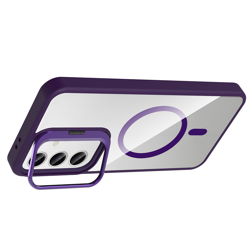 Galaxy S25 Kılıf Standlı ve Kamera Lens Hediyeli M-Safe Şarj Özellikli Zore Etro Kapak Lacivert