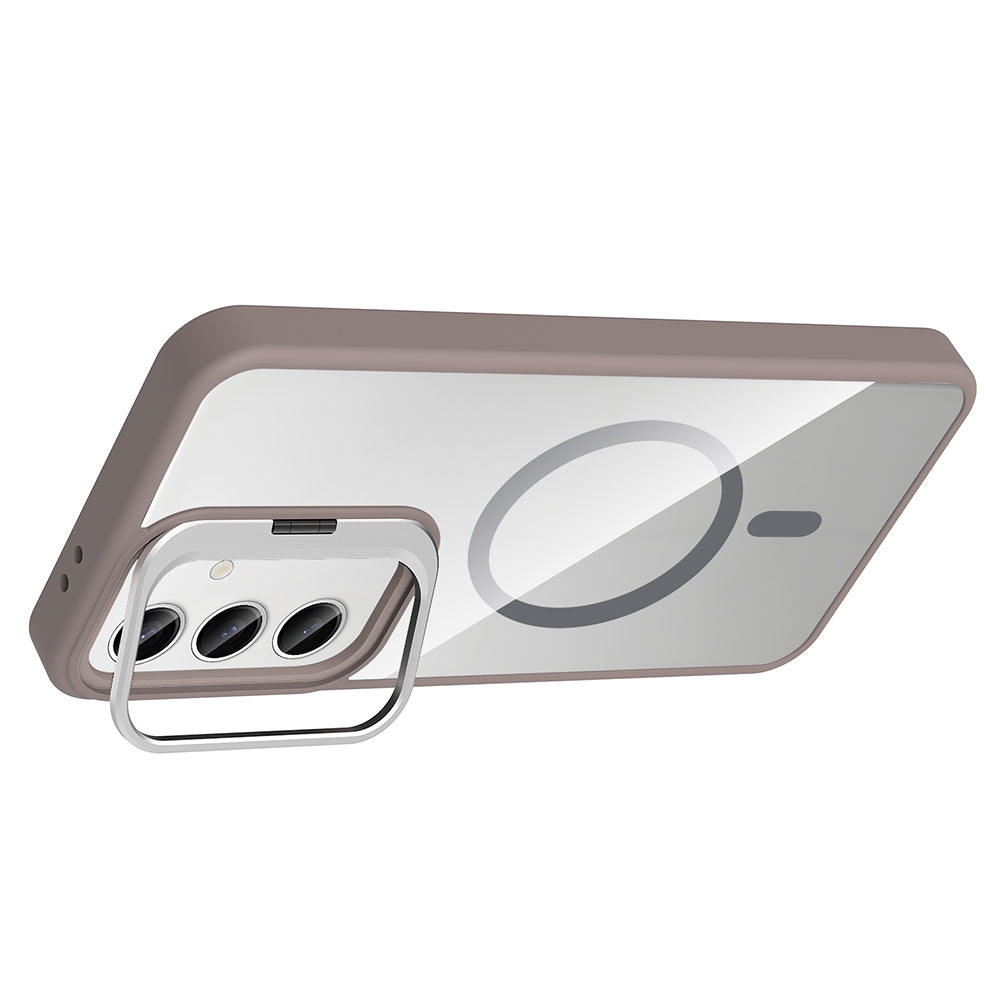 Galaxy S25 Kılıf Standlı ve Kamera Lens Hediyeli M-Safe Şarj Özellikli Zore Etro Kapak Desert Titanyum