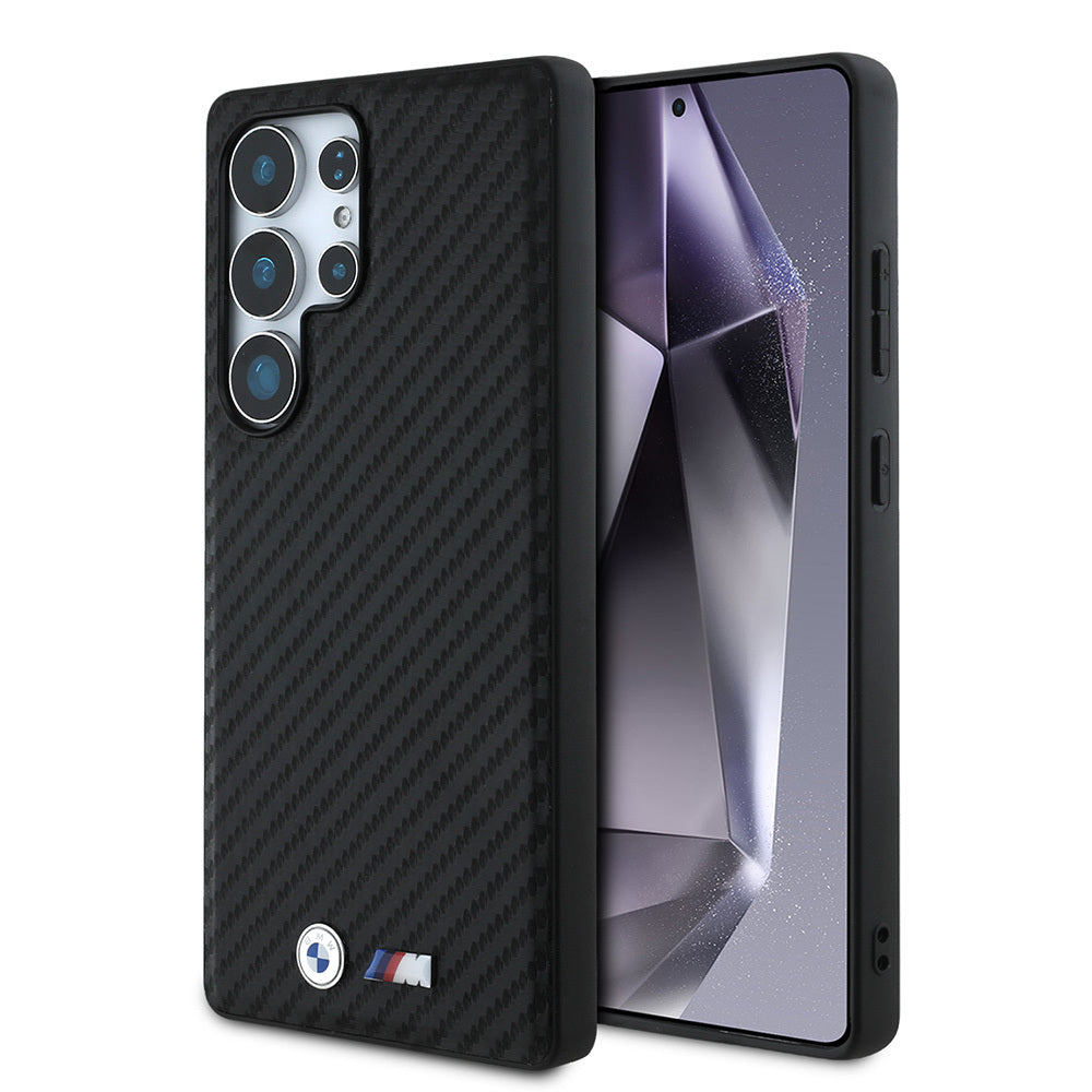Galaxy S25 Ultra Kılıf BMW Orjinal Lisanslı M-safe Şarj Özellikli Karbon Fiber Görünümlü ve Metal Logolu PU Deri Kapak Siyah
