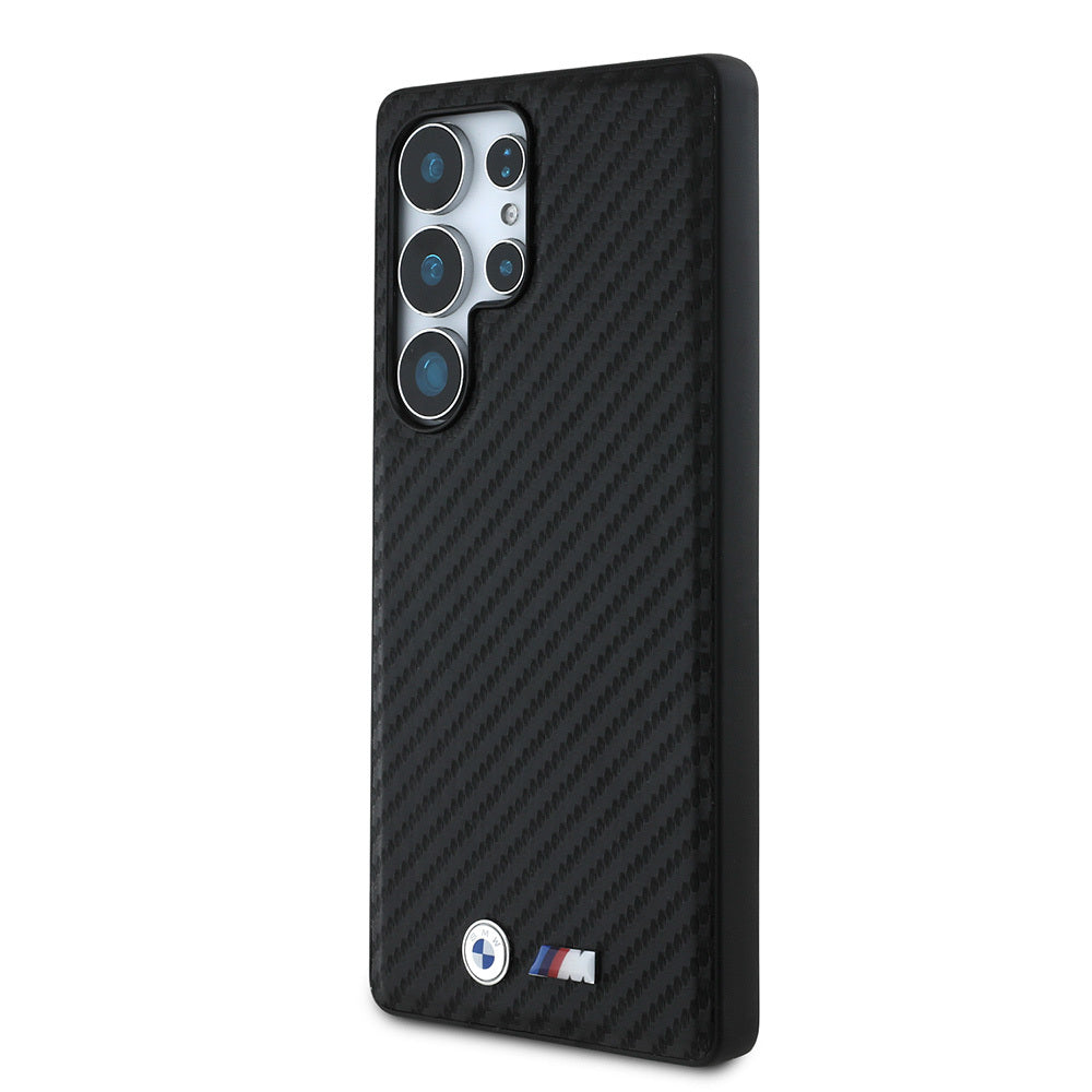 Galaxy S25 Ultra Kılıf BMW Orjinal Lisanslı M-safe Şarj Özellikli Karbon Fiber Görünümlü ve Metal Logolu PU Deri Kapak Siyah