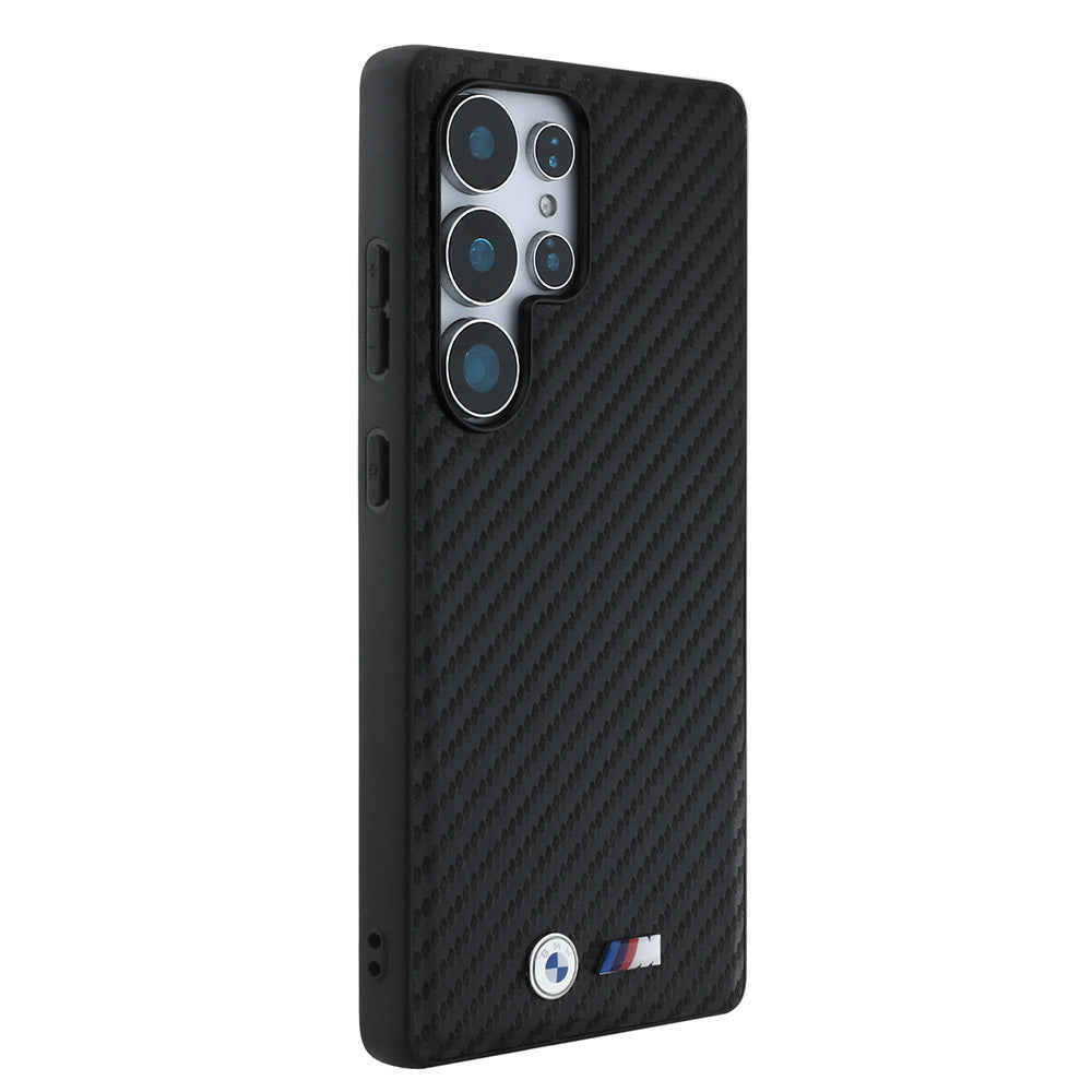 Galaxy S25 Ultra Kılıf BMW Orjinal Lisanslı M-safe Şarj Özellikli Karbon Fiber Görünümlü ve Metal Logolu PU Deri Kapak Siyah