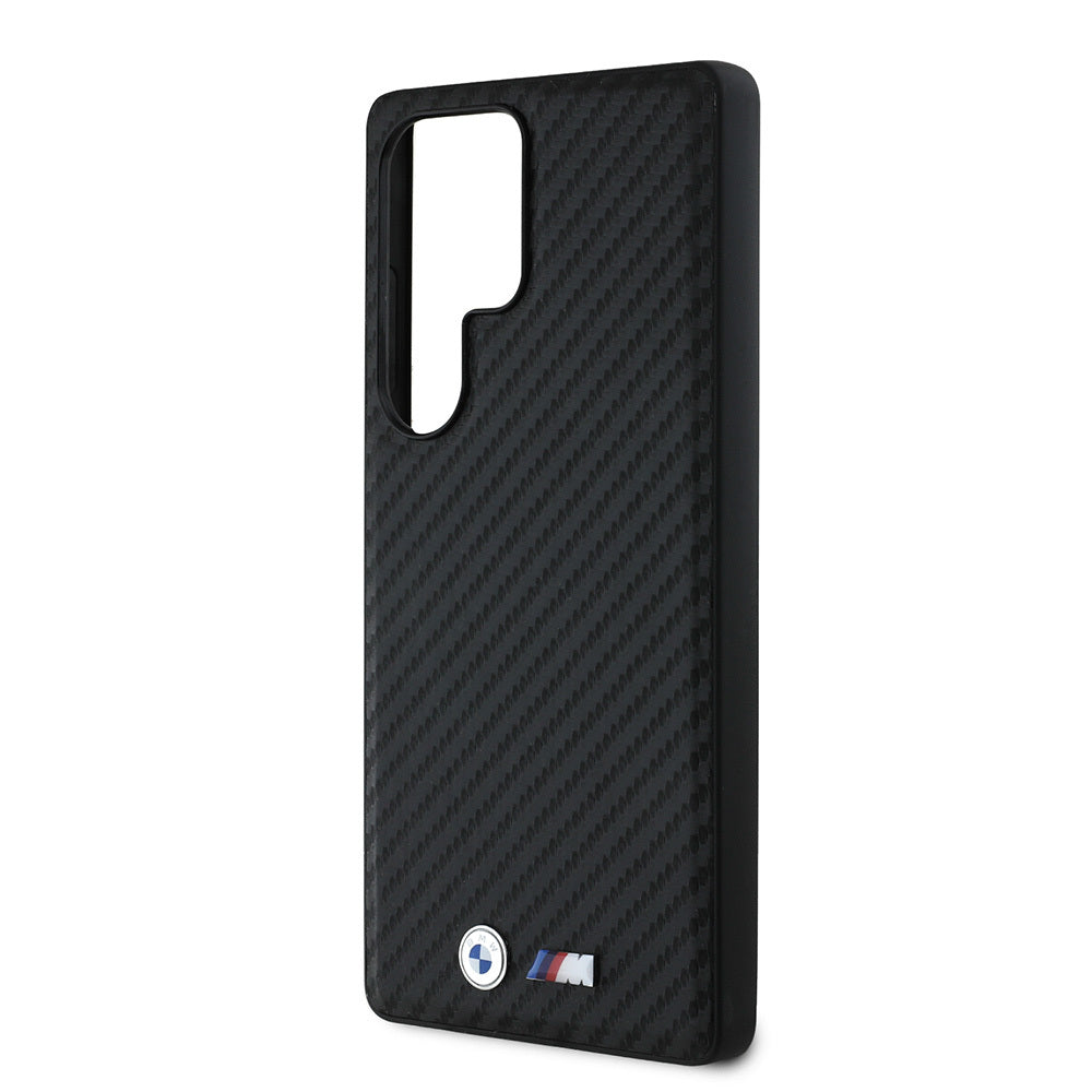 Galaxy S25 Ultra Kılıf BMW Orjinal Lisanslı M-safe Şarj Özellikli Karbon Fiber Görünümlü ve Metal Logolu PU Deri Kapak Siyah