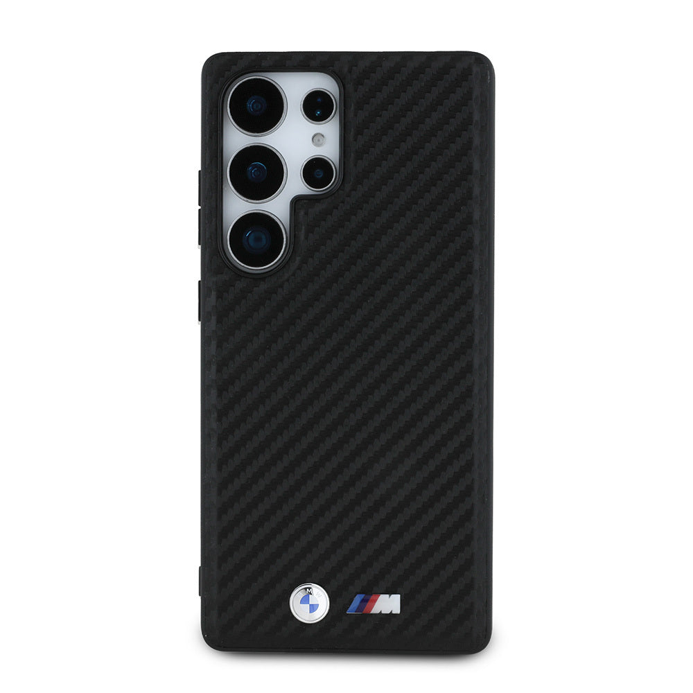 Galaxy S25 Ultra Kılıf BMW Orjinal Lisanslı M-safe Şarj Özellikli Karbon Fiber Görünümlü ve Metal Logolu PU Deri Kapak Siyah