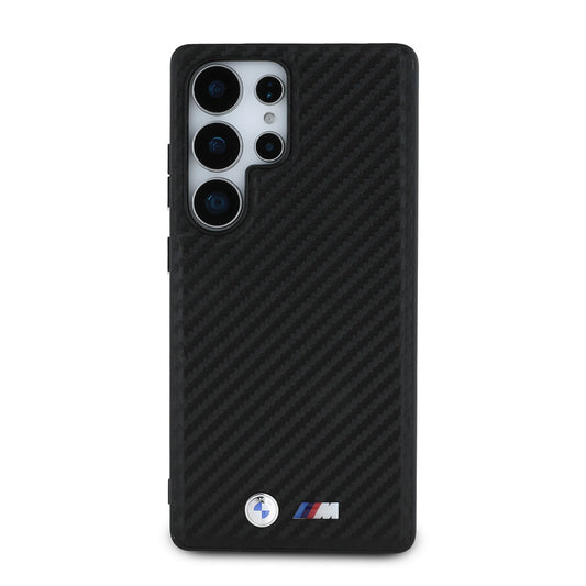 Galaxy S25 Ultra Kılıf BMW Orjinal Lisanslı M-safe Şarj Özellikli Karbon Fiber Görünümlü ve Metal Logolu PU Deri Kapak Siyah