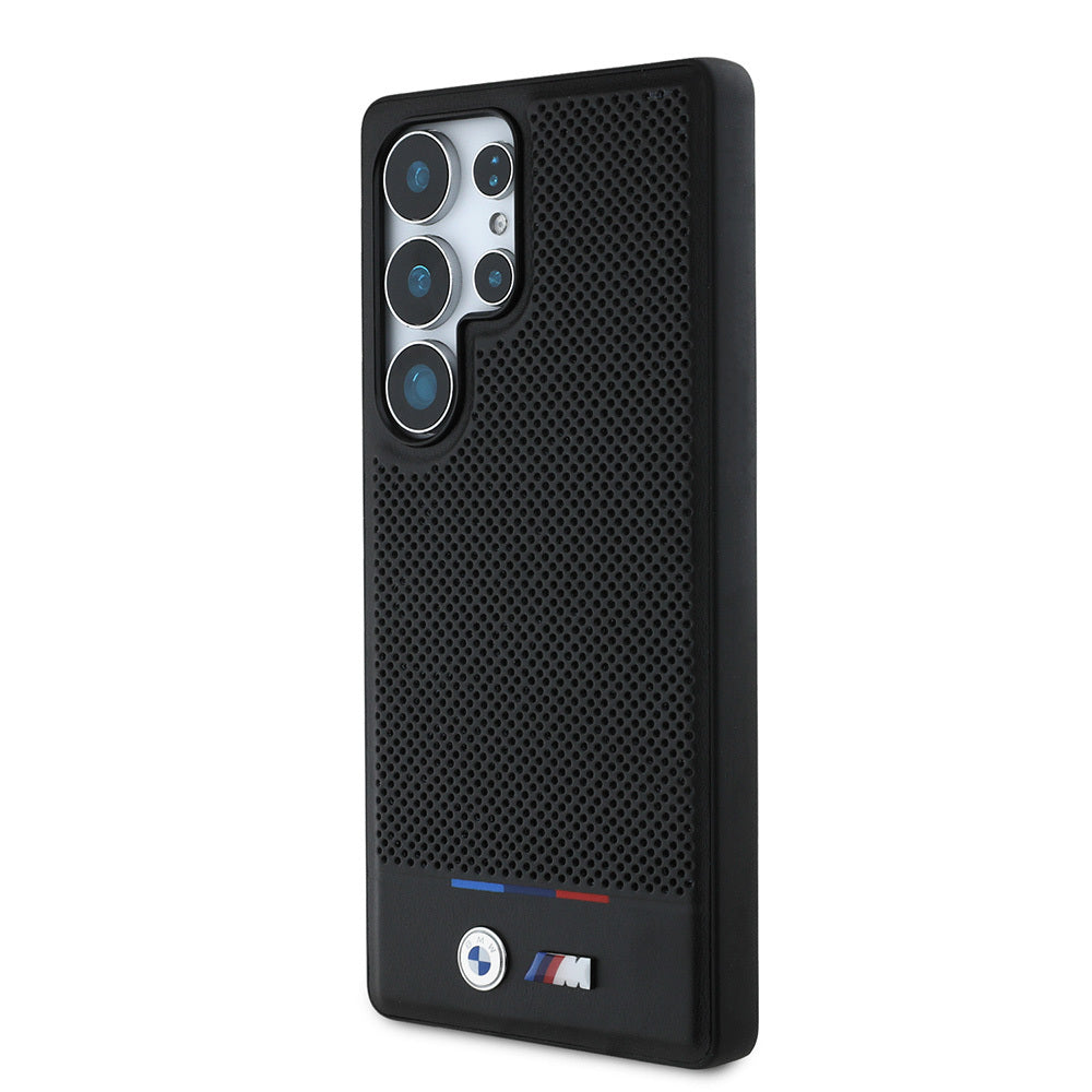 Galaxy S25 Ultra Kılıf BMW Orjinal Lisanslı M-safe Şarj Özellikli M Logolu Bottom Üç Çizgili Delikli PU Deri Kapak Siyah