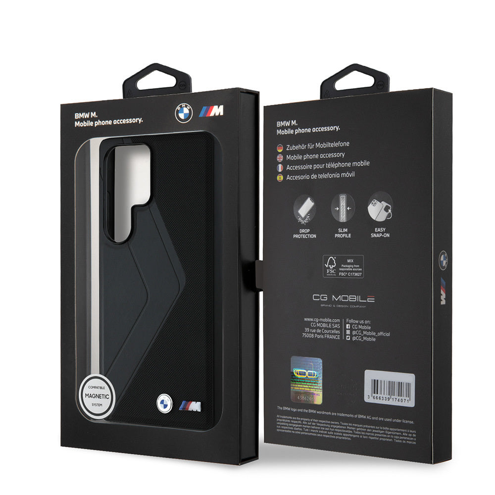 Galaxy S25 Ultra Kılıf BMW Orjinal Lisanslı M-safe Şarj Özellikli M Logolu Oversize Çizgili PU Deri Kapak Siyah