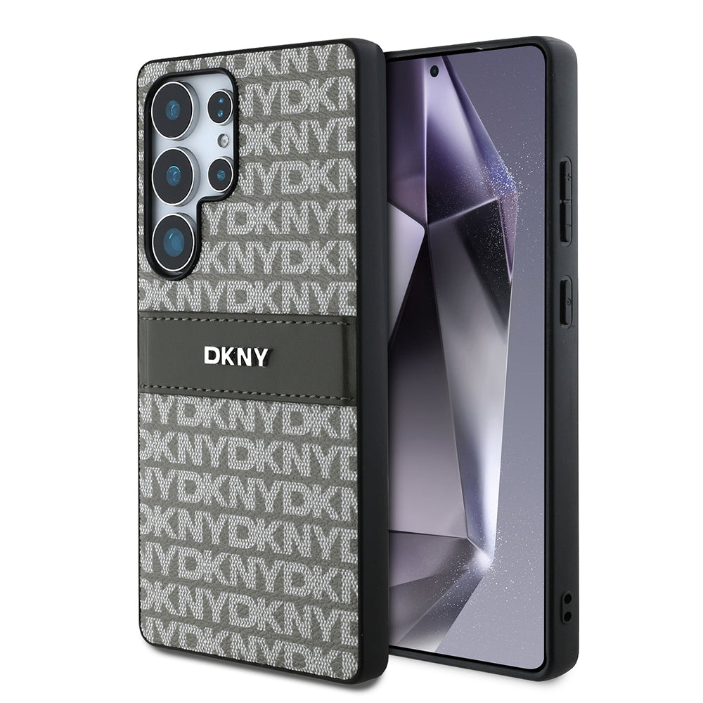 Galaxy S25 Ultra Kılıf DKNY Orjinal Lisanslı Kartlıklı 3D Yazılı Repeat Texture Pattern Kapak Kahverengi