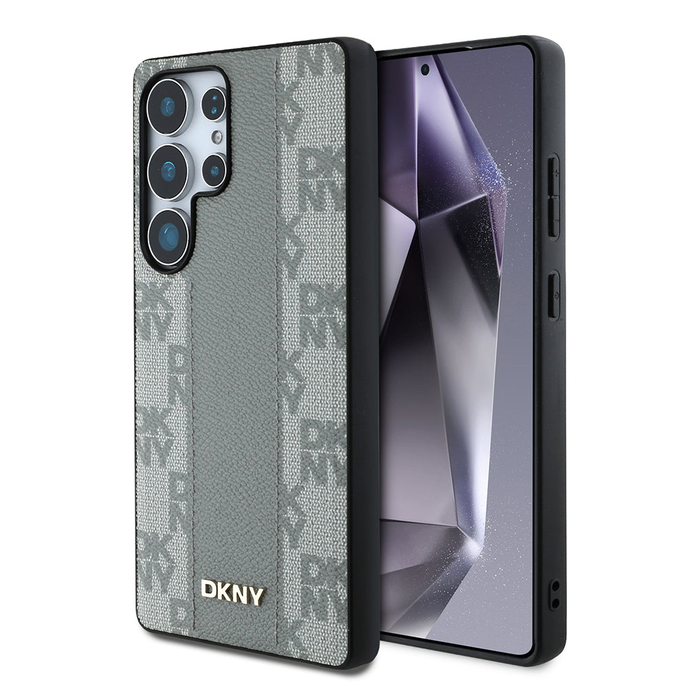 Galaxy S25 Ultra Kılıf DKNY Orjinal Lisanslı M-safe Şarj Özellikli 3D Yazılı Checkered Pattern Kapak Bej