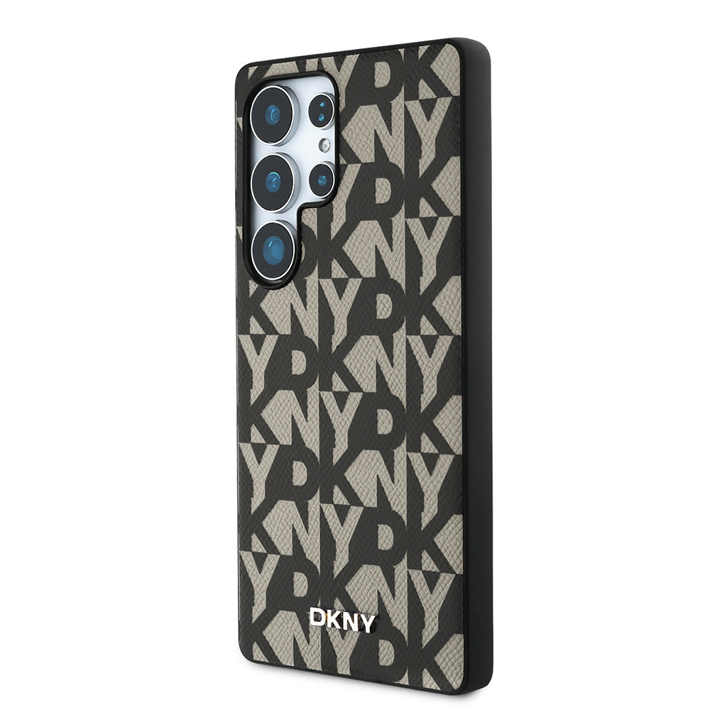 Galaxy S25 Ultra Kılıf DKNY Orjinal Lisanslı M-safe Şarj Özellikli 3D Yazılı Grid Pattern Kapak Gri