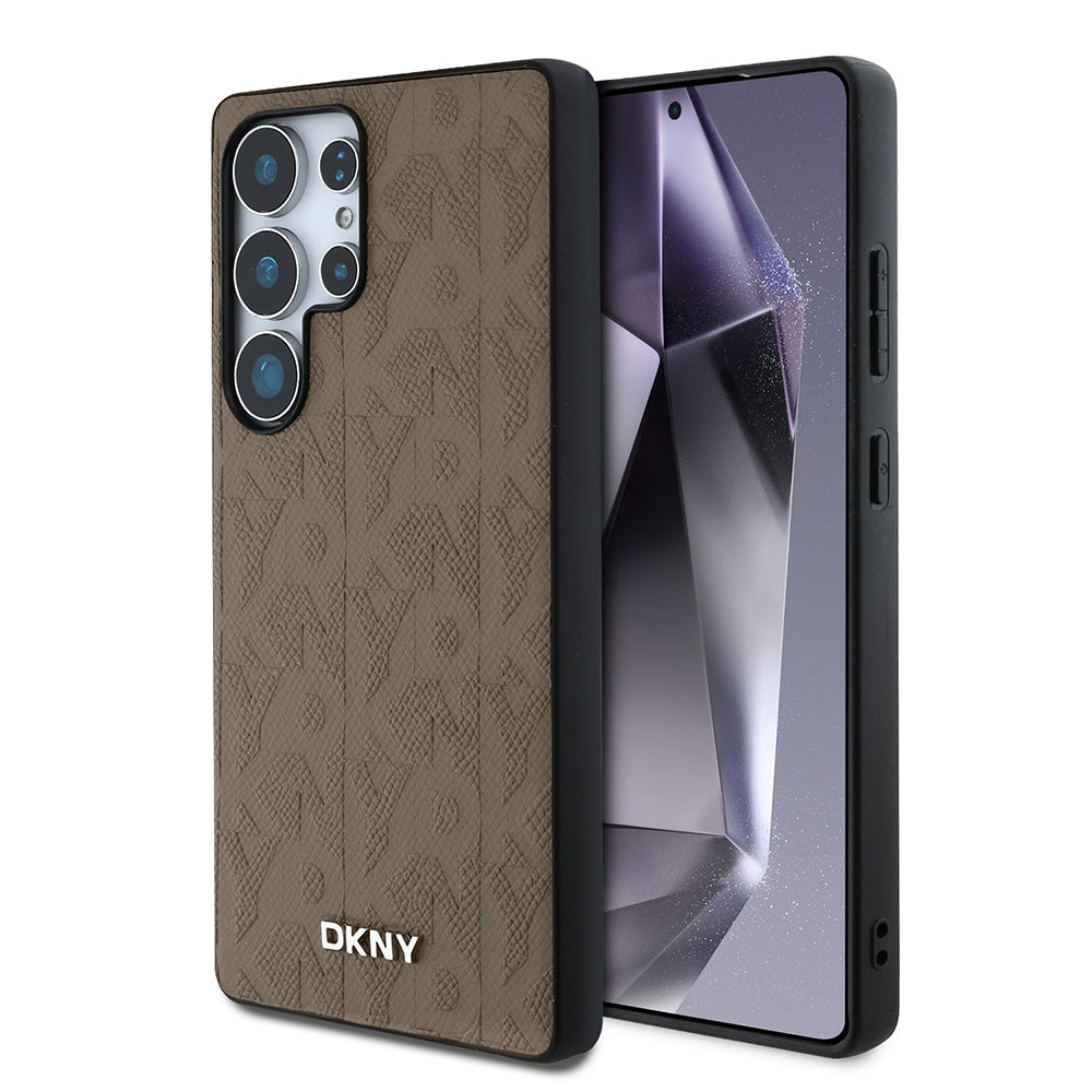 Galaxy S25 Ultra Kılıf DKNY Orjinal Lisanslı Magnetik PU Deri Grid Pattern Kapak Kahverengi