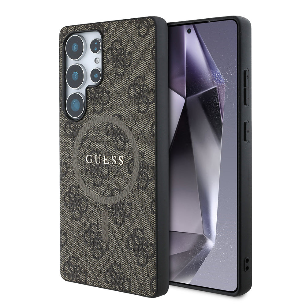 Galaxy S25 Ultra Kılıf Guess Orjinal Lisanslı M-safe Şarj Özellikli PU Halkalı 4G Desenli Yazı Logolu Kapak Siyah