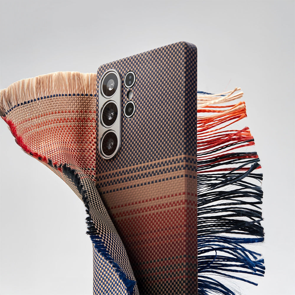 Galaxy S25 Ultra Kılıf M-safe Şarj Özellikli Aramid Fiber Pitaka Tactile Woven Sunset-Moonrise Serisi Kapak Kahverengi