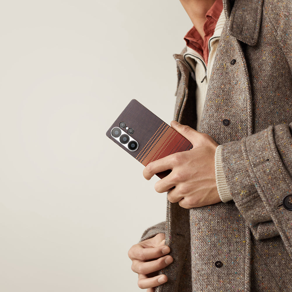 Galaxy S25 Ultra Kılıf M-safe Şarj Özellikli Aramid Fiber Pitaka Tactile Woven Sunset-Moonrise Serisi Kapak Mavi