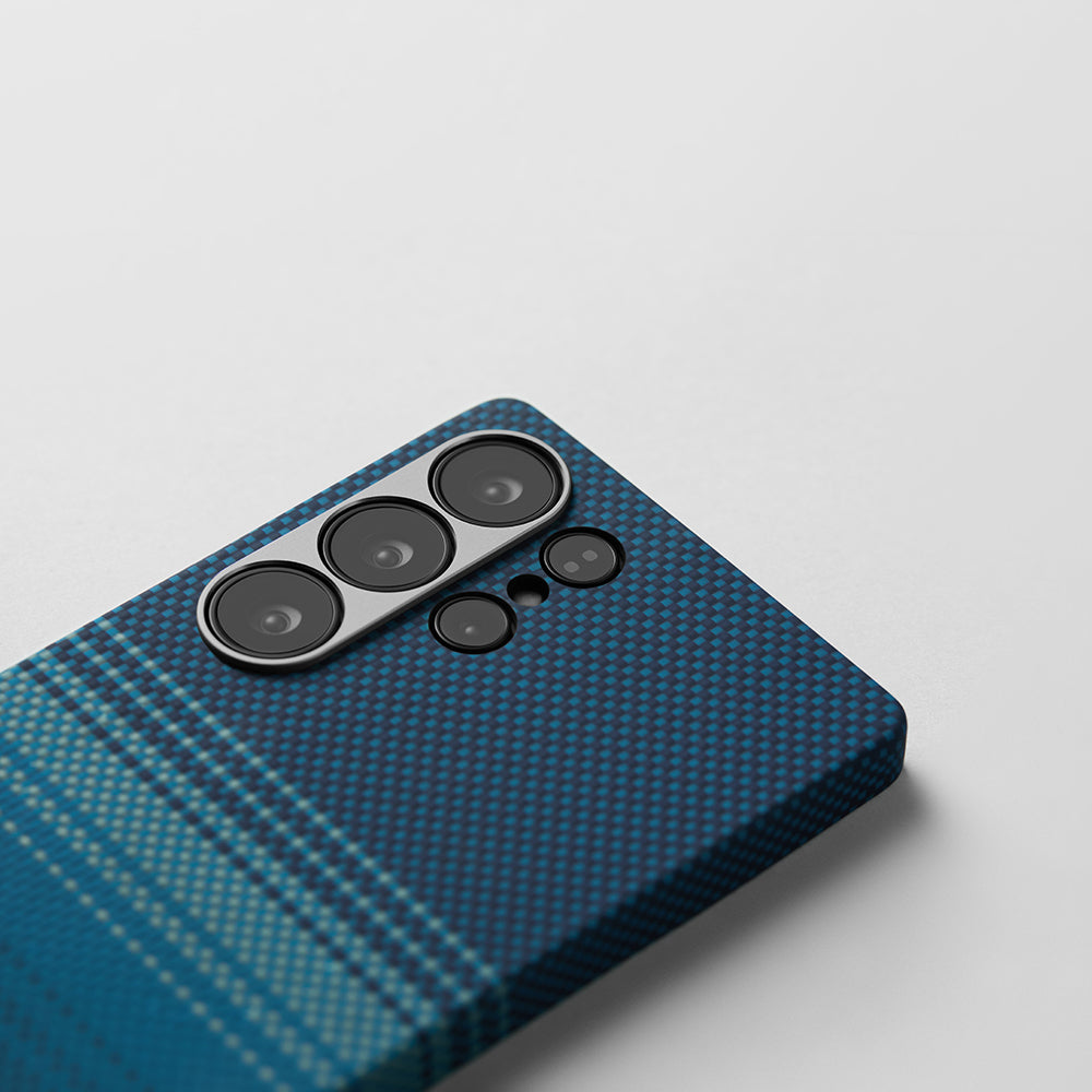 Galaxy S25 Ultra Kılıf M-safe Şarj Özellikli Aramid Fiber Pitaka Tactile Woven Sunset-Moonrise Serisi Kapak Mavi