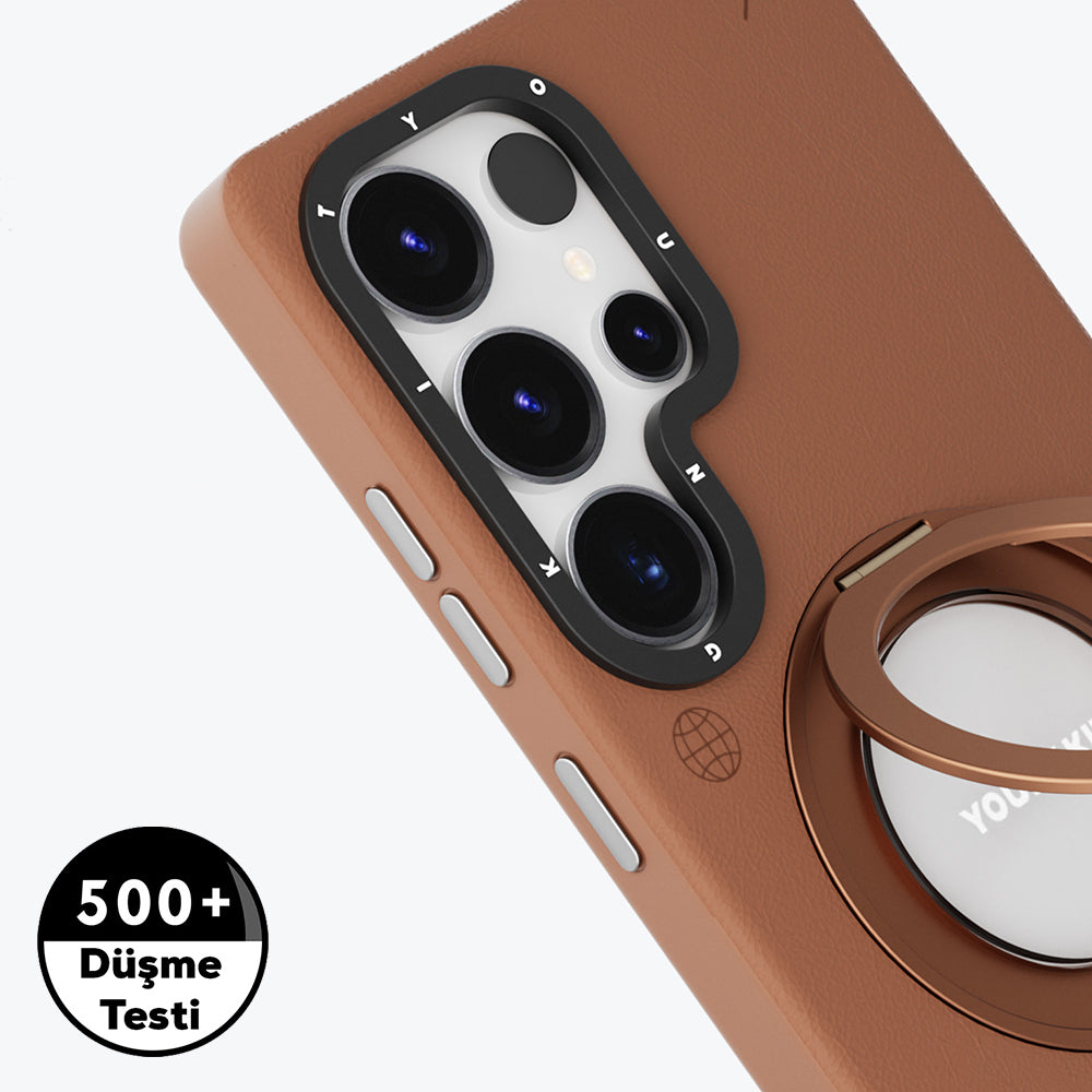 Galaxy S25 Ultra Kılıf M-safe Şarj Özellikli 360° Standlı Basit Mat Deri Desenli Youngkit Tech Leather Serisi Kapak Gri