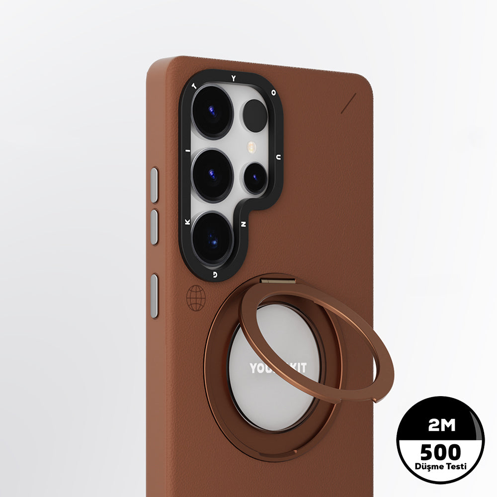 Galaxy S25 Ultra Kılıf M-safe Şarj Özellikli 360° Standlı Basit Mat Deri Desenli Youngkit Tech Leather Serisi Kapak Siyah